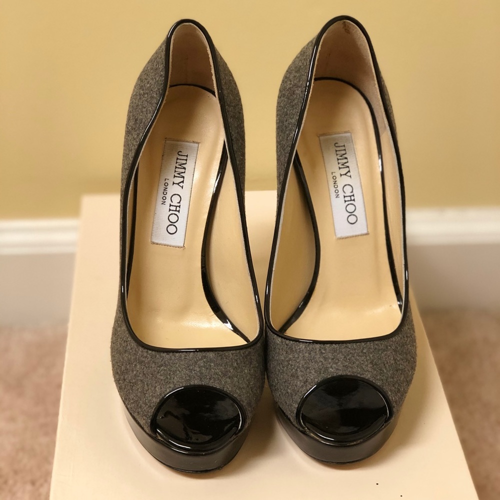 Jimmy Choo Crown Flannel/Patent Heels (size 35)